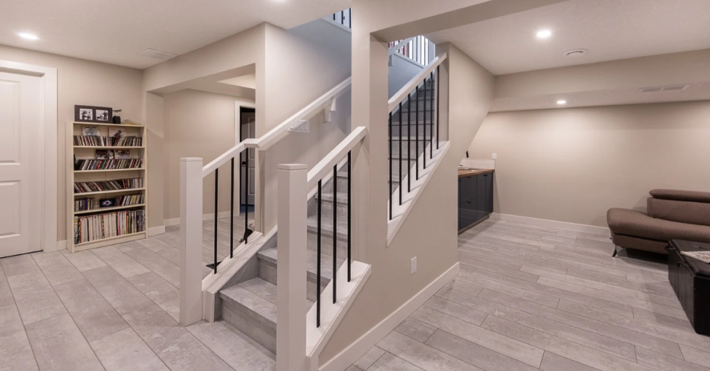 Finished basement remodeling project in Naperville IL featuring a modern living area and custom design elements.