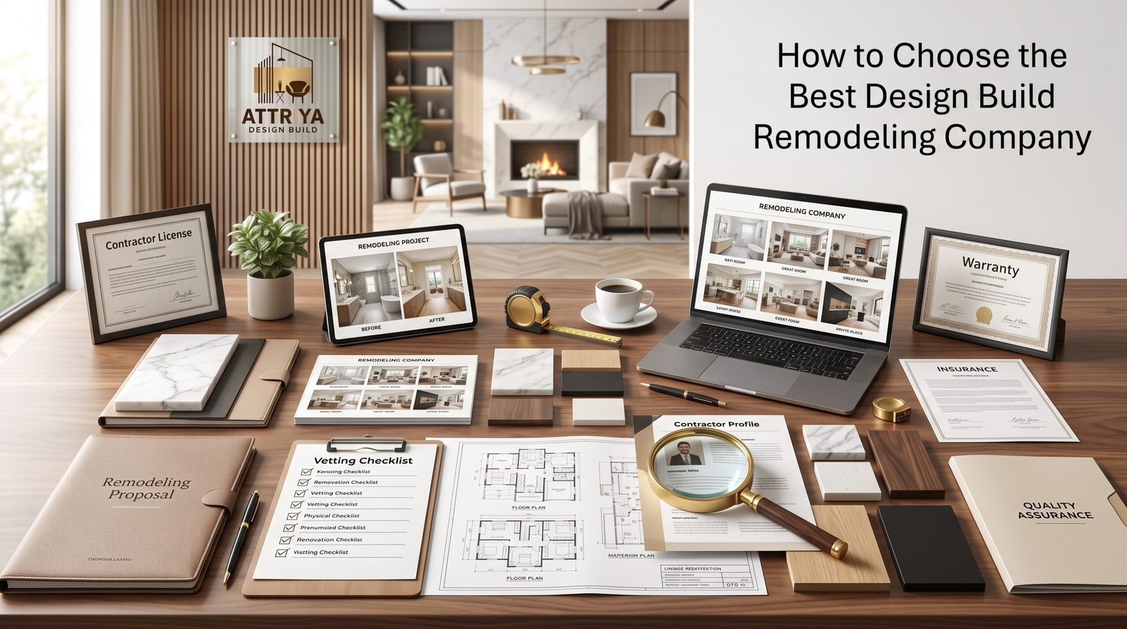 Professional design build remodeling consultation showing contractor portfolio, renovation proposal, licenses, project plans, and luxury home remodeling materials by Attriya Design Build.