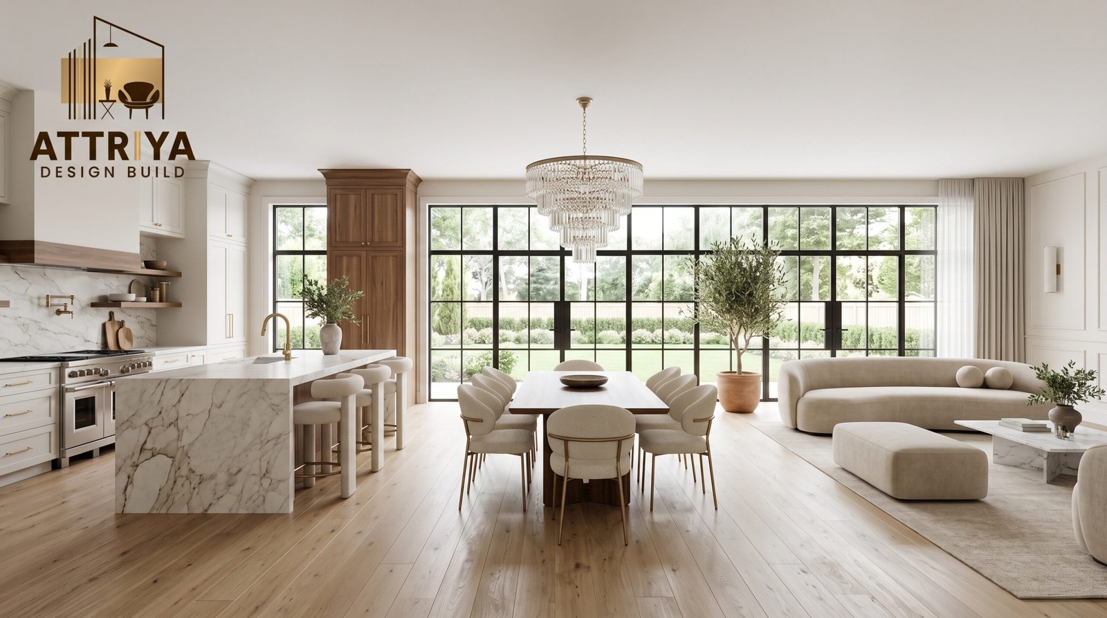 Luxury open-concept interior design featuring a modern kitchen, elegant dining area, designer living room, and premium finishes for a Naperville home by Attriya Design Build.