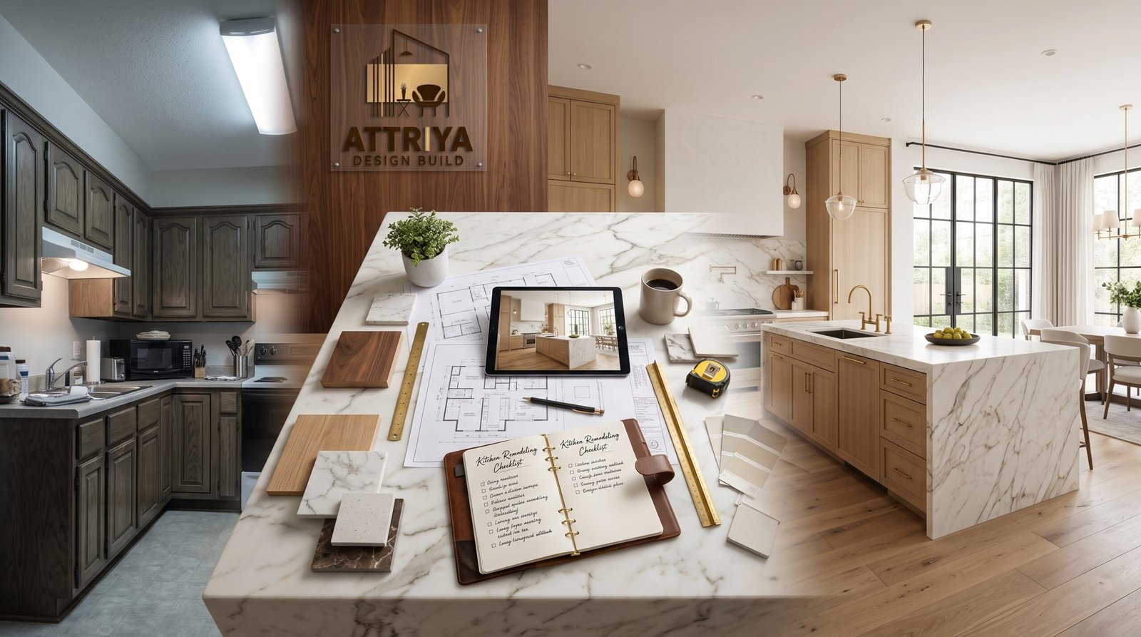 Kitchen Remodeling Naperville planning illustration showing a dated kitchen transforming into a luxury modern kitchen through professional design-build planning by Attriya Design Build.