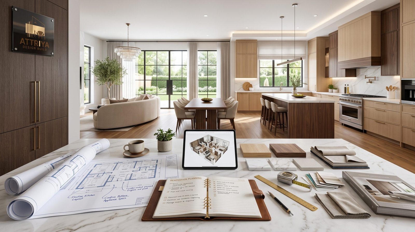 Luxury home remodeling planning workspace featuring architectural blueprints, material samples, a 3D floor plan, and a modern open-concept kitchen and living area by Attriya Design Build.